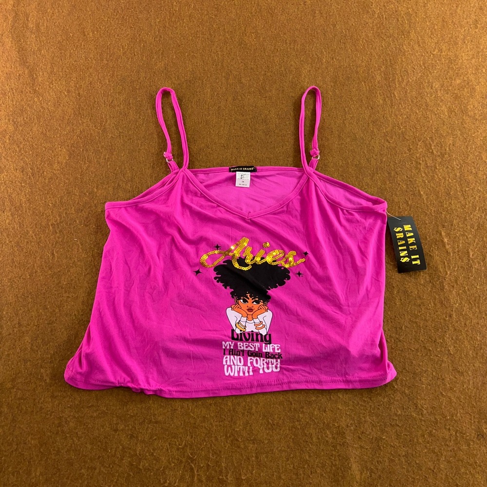 Make It Rain Womens 2X Pink Aries Sequin Graphic Cami Crop Top NWT